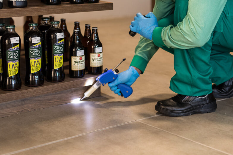 Técnico da Desinservice aplicando tratamento em gel contra formigas.